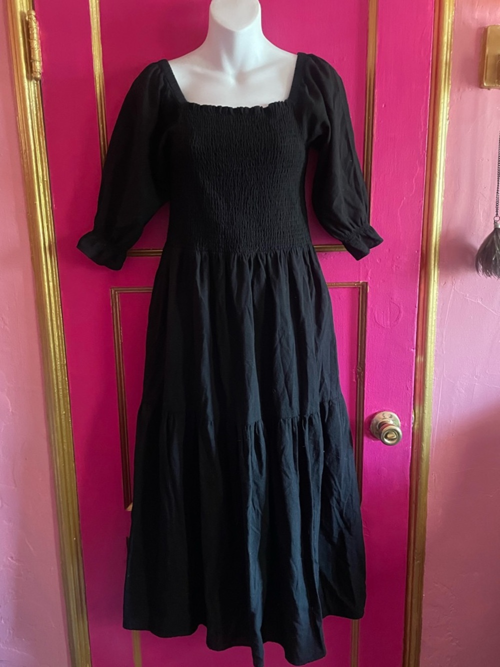 Joanie Black Smocked Square-Neck Midi sunDress size US10 UK 14